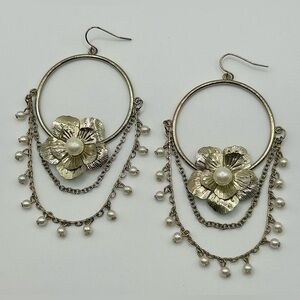 Large Floral Gold Tone Hoop Earrings with Faux Pearl Accents